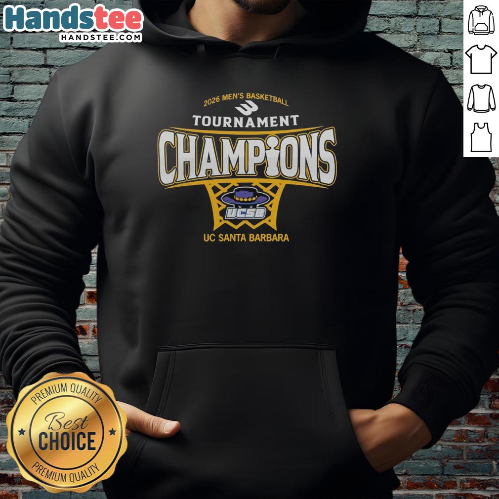 Premium UC Santa Barbara Men's Basketball 2026 Big West Conference Tournament Champions Hoodie in navy blue.