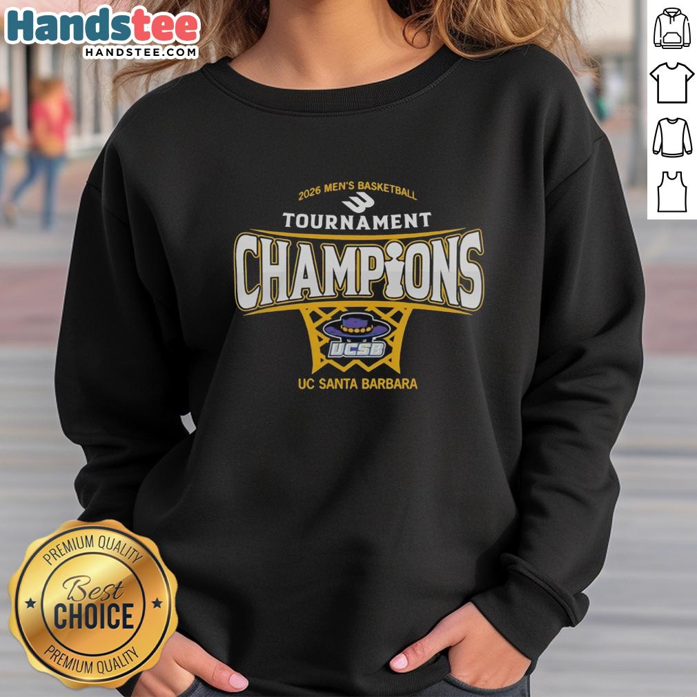 Premium UC Santa Barbara Men's Basketball 2026 Big West Conference Tournament Champions Sweatshirt in blue and gold.