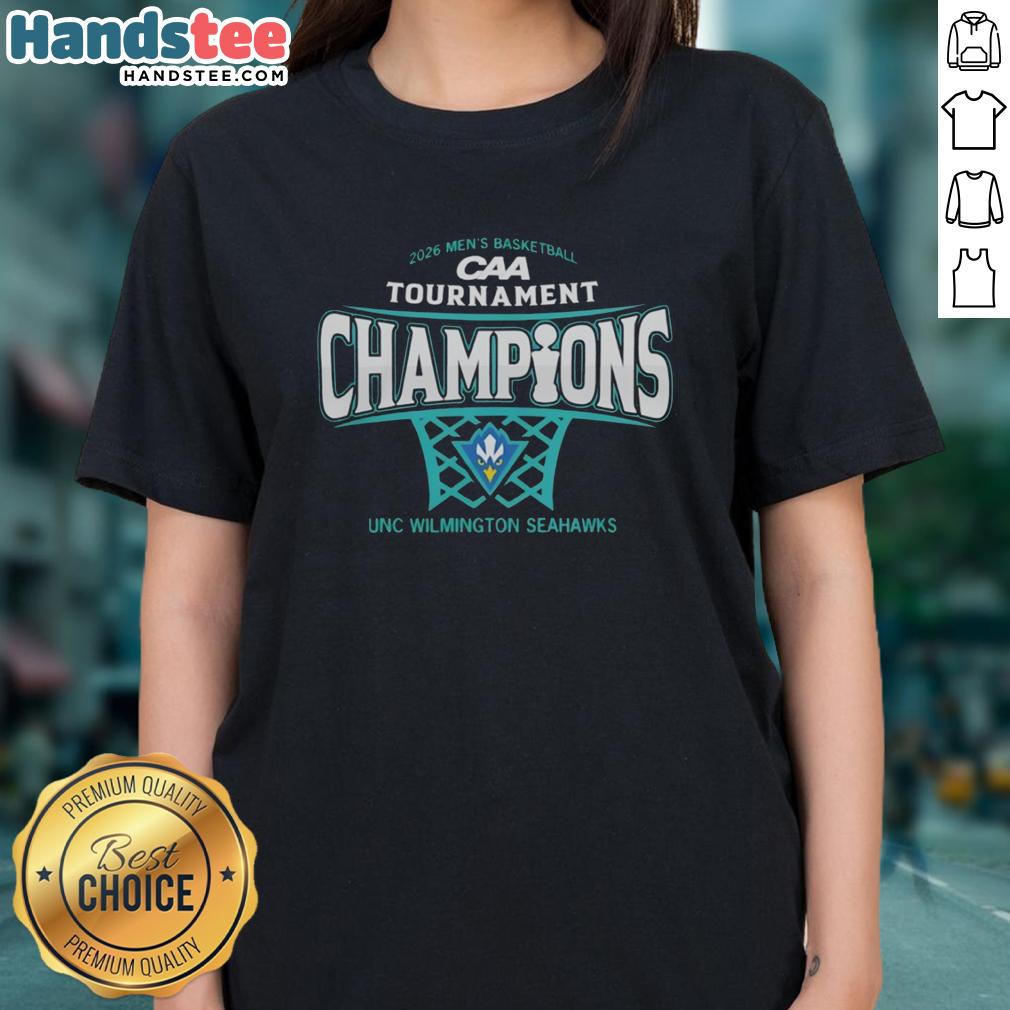 Alt Text: Premium UNC Wilmington Seahawks Men's Basketball 2026 CAA Conference Tournament Champions Ladies Tee shirt design.