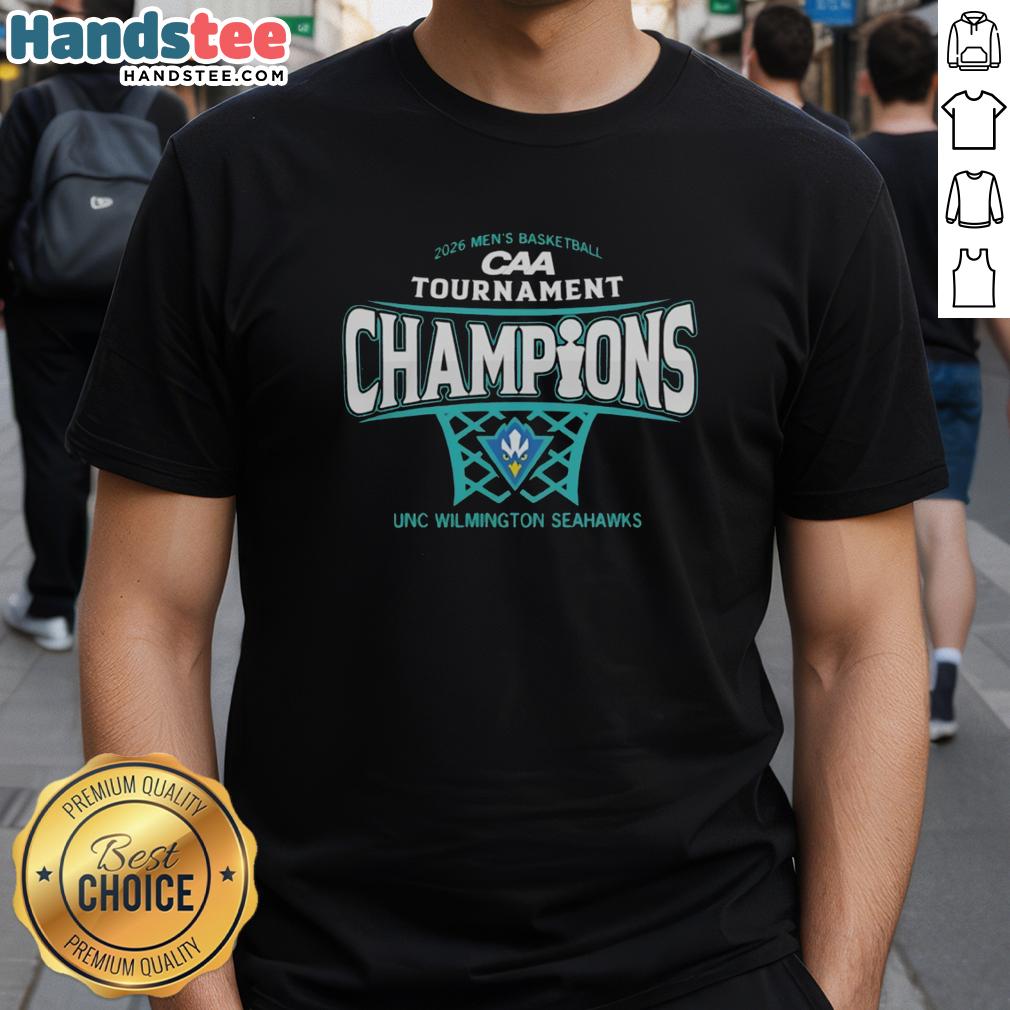 Premium UNC Wilmington Seahawks Men's Basketball 2026 CAA Conference Tournament Champions T-Shirt in vibrant colors.