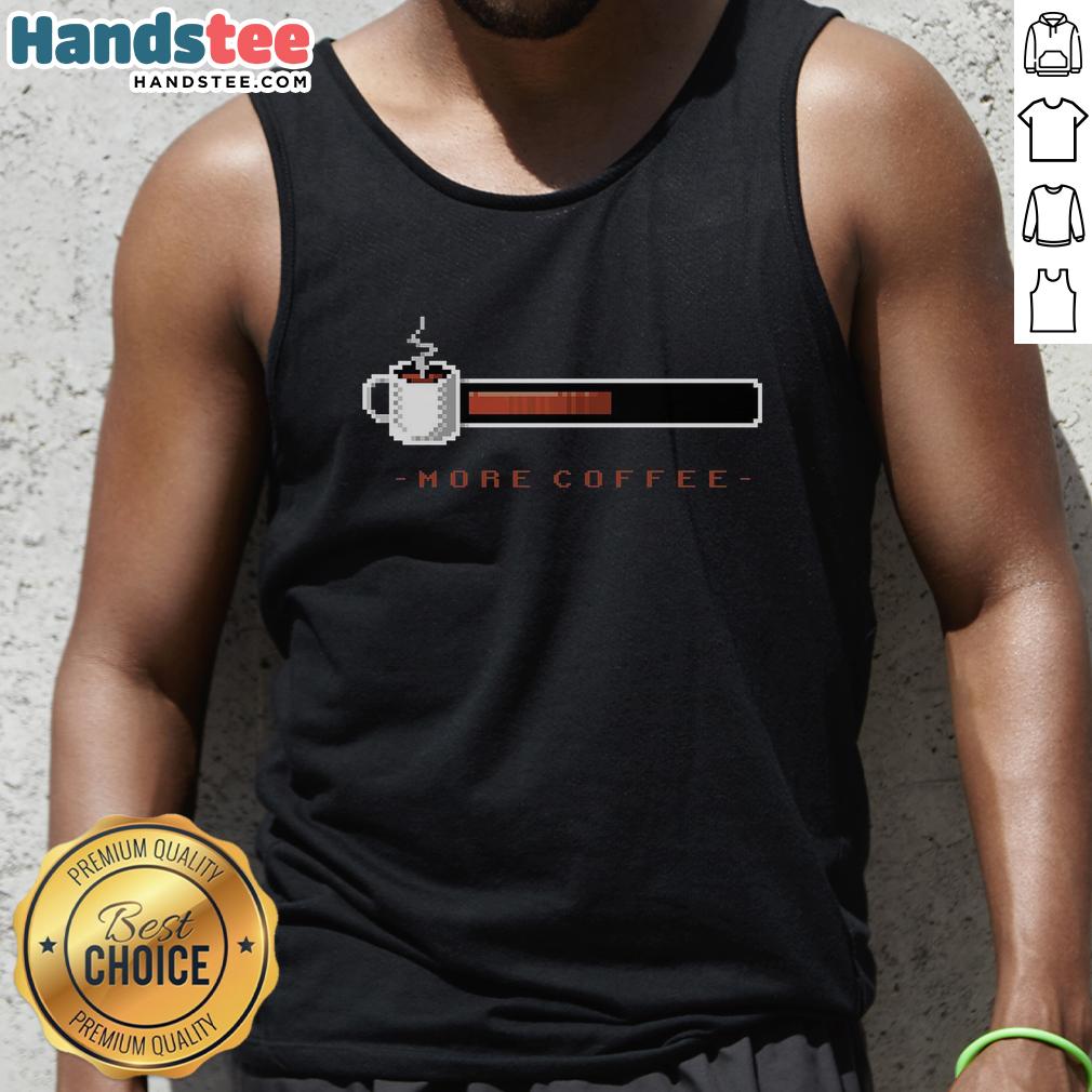 Stylish woman wearing a 'More Coffee' tank top at a trendy coffee bar, showcasing coffee culture and fashion.