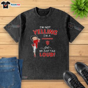 Indiana Hoosiers girl wearing a 'Pretty I'm Not Yelling, I'm a Hoosiers Fan' t-shirt, showcasing team spirit.