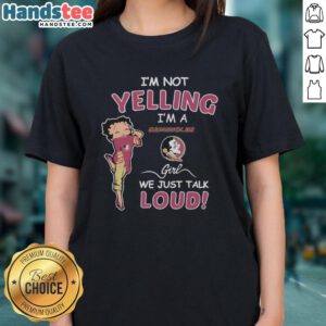 Alt Text: Florida State Seminoles girl wearing Pretty I'm Not Yelling, I'm Florida State Seminoles tee, showcasing team spirit.