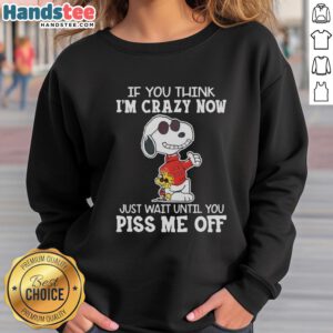 Pretty Snoopy sweatshirt featuring 'If You Think I'm Crazy Now, Just Wait!' by Joe Cook in vibrant colors.