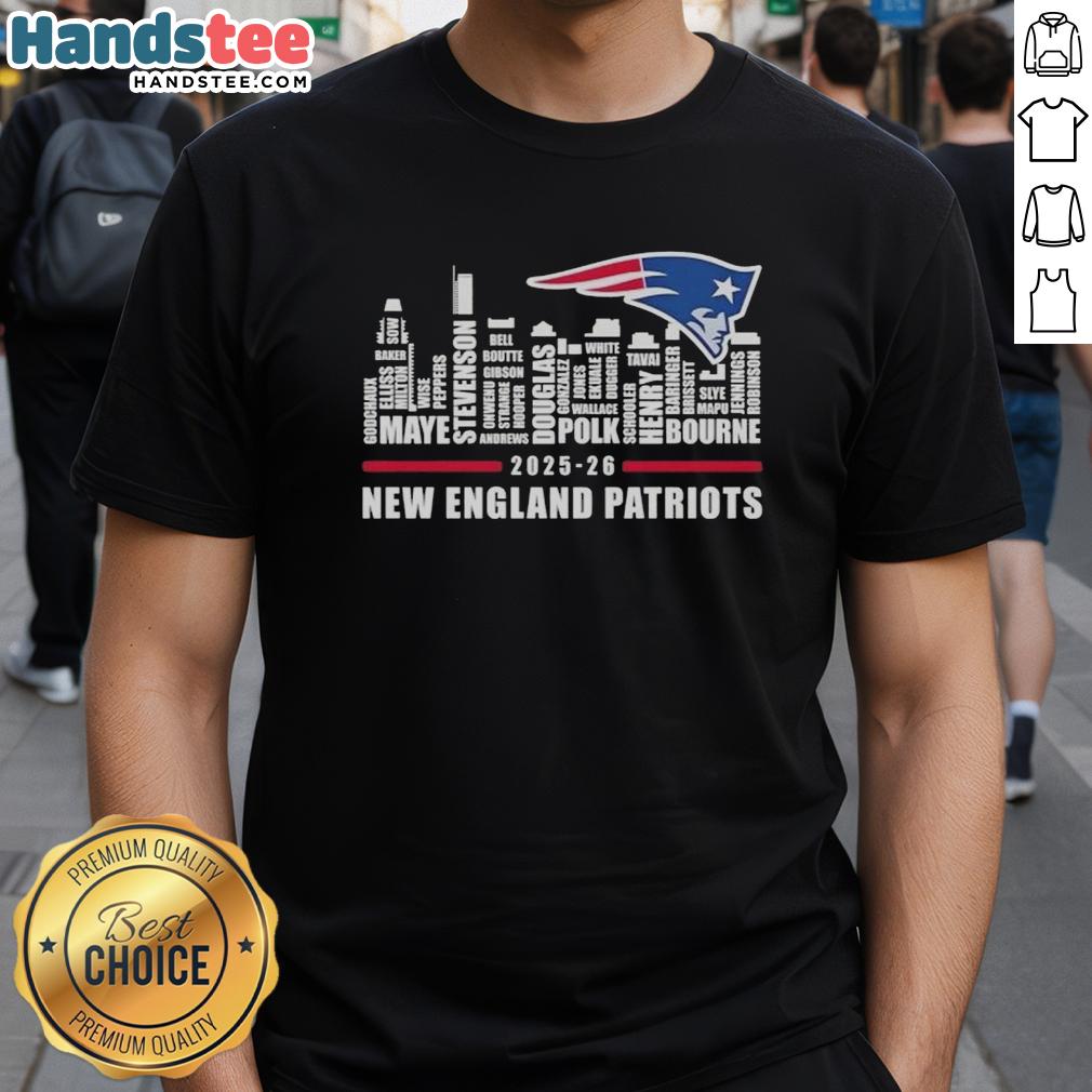 Alt Text: Top 2025-26 New England Patriots Football T-Shirt featuring city skyline design and team names.