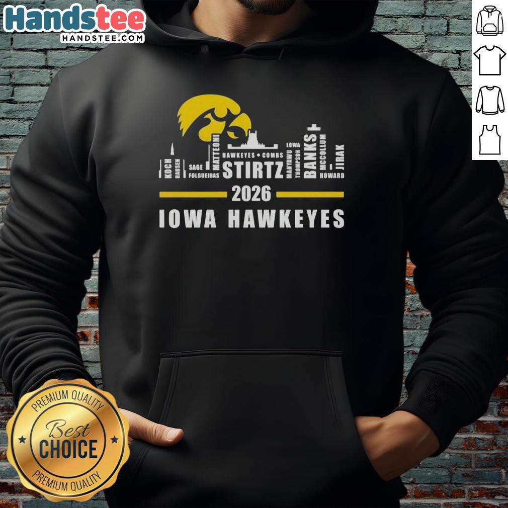 Top 2026 Iowa Hawkeyes hoodie featuring city skyline design and all player names, perfect for fans and supporters.