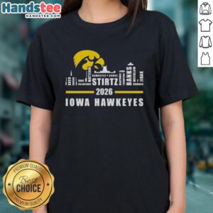 Alt Text: Top 2026 Iowa Hawkeyes All Names City Skyline Ladies Tee featuring iconic Iowa City skyline design.