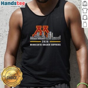 2026 Minnesota Golden Gophers tank top featuring city skyline design and all names, perfect for fans and summer wear.