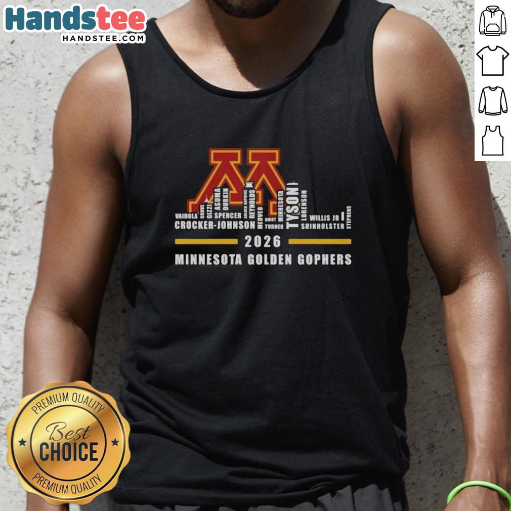 2026 Minnesota Golden Gophers tank top featuring city skyline design and all names, perfect for fans and summer wear.