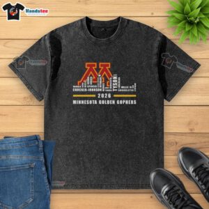Alt Text: 2026 Minnesota Golden Gophers washed t-shirt featuring city skyline design, perfect for fans and alumni.
