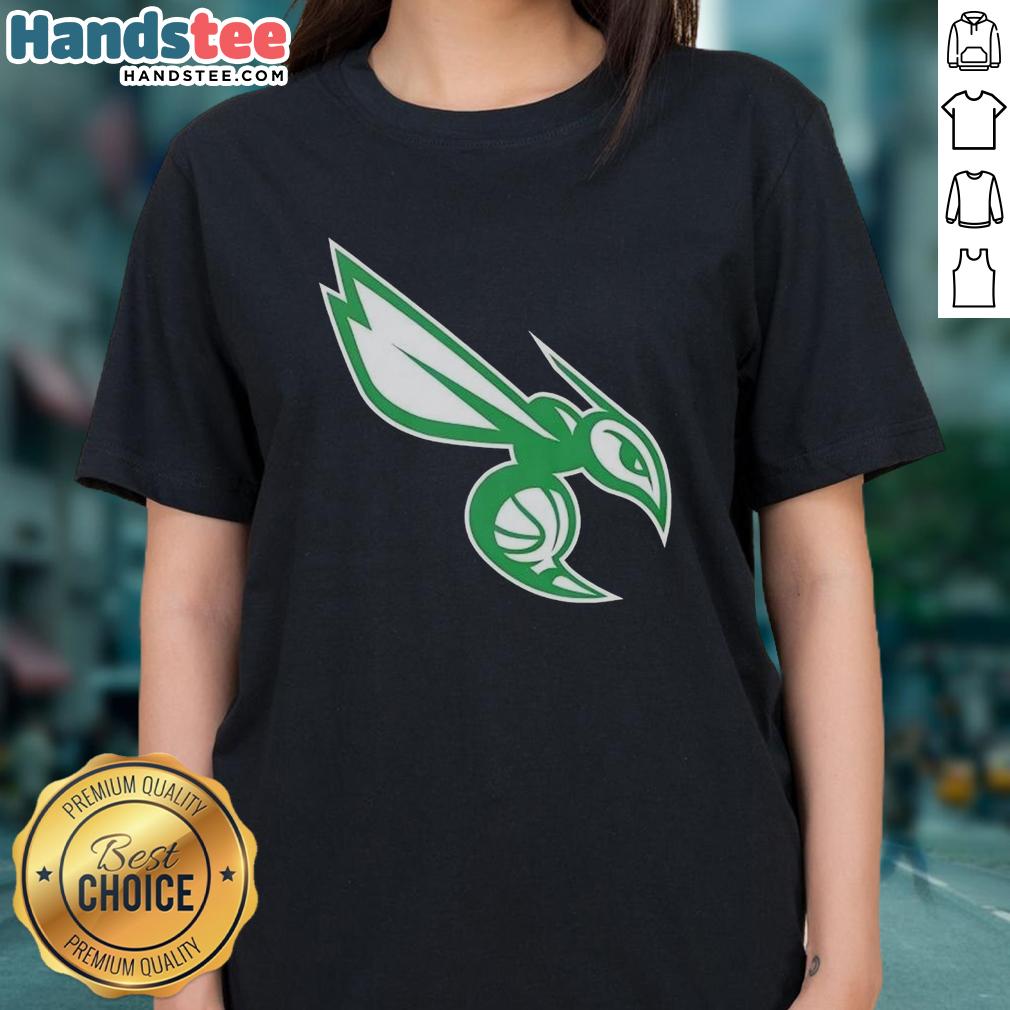 Alt Text: Awesome Charlotte Hornets white logo on a stylish ladies' tee for St. Patrick's Day celebration.
