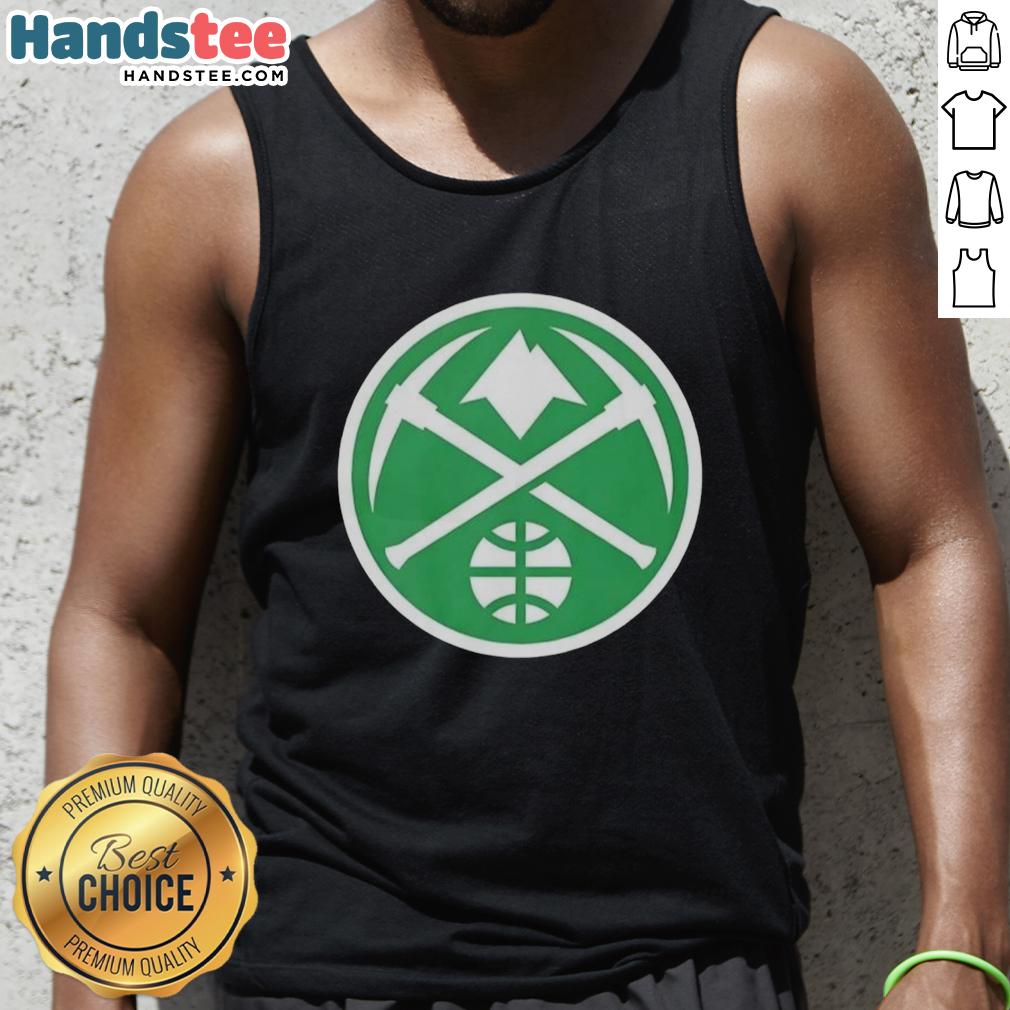 Alt Text: Awesome Denver Nuggets white logo tank top for St. Patrick's Day celebration, featuring a stylish design.