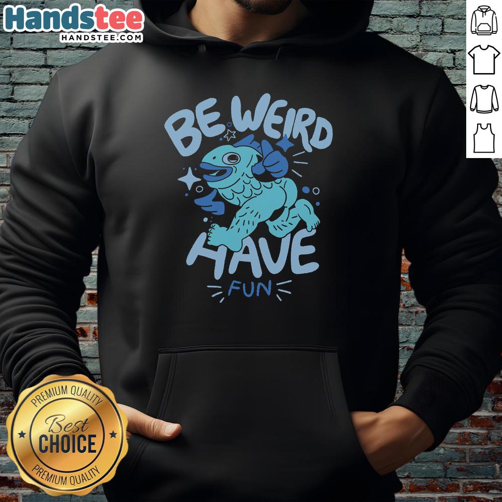 Colorful 'Nice Be Weird Have Fun' hoodie displayed on a hanger, showcasing its unique design and playful message.