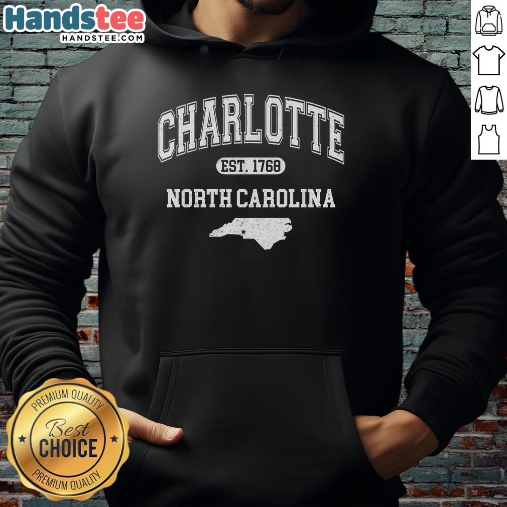 Nice Charlotte North Carolina Est. 1768 varsity hoodie featuring a classic design and comfortable fit, perfect for fans.