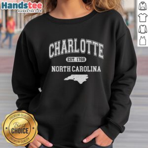 Nice Charlotte North Carolina Est. 1768 Varsity Sweatshirt in navy blue, featuring classic collegiate style and logo.