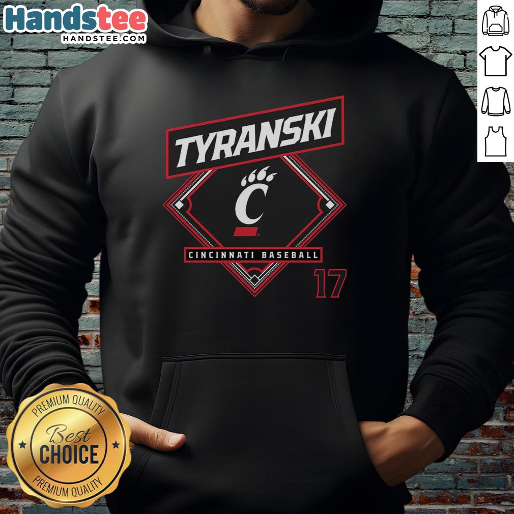 Ryan Tyranski wearing a Cincinnati Bearcats baseball hoodie, showcasing team spirit and sporty style.