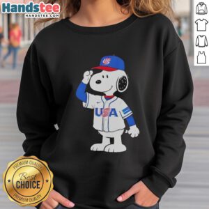 Alt Text: Nice Snoopy USA Baseball Jersey Salute Graphic Sweatshirt featuring Snoopy in a baseball jersey design.