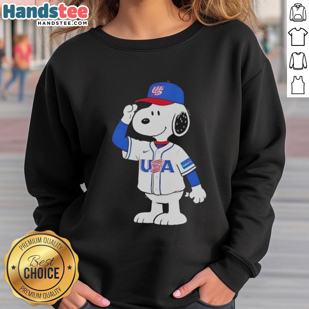 Alt Text: Nice Snoopy USA Baseball Jersey Salute Graphic Sweatshirt featuring Snoopy in a baseball jersey design.