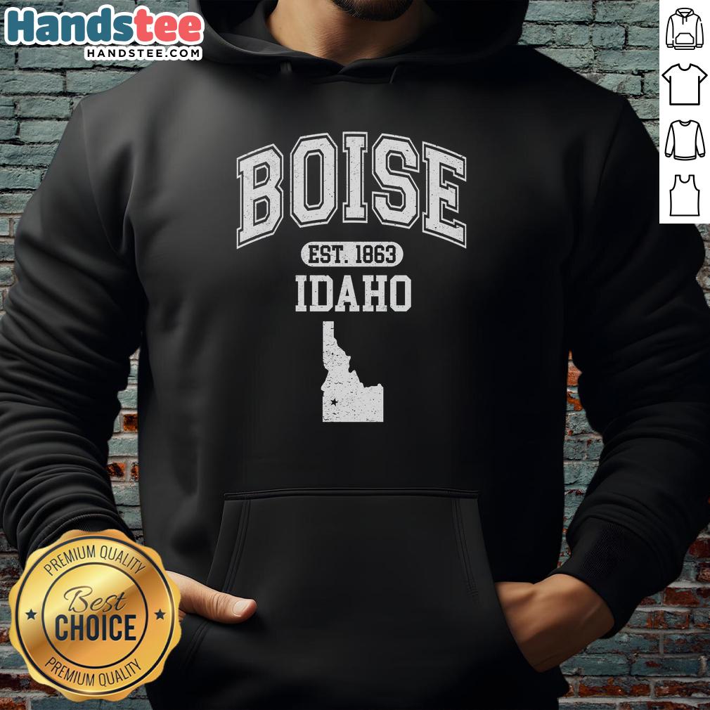 Official Boise Idaho Est. 1863 Varsity Hoodie featuring vintage design and cozy fit, perfect for local pride and style.