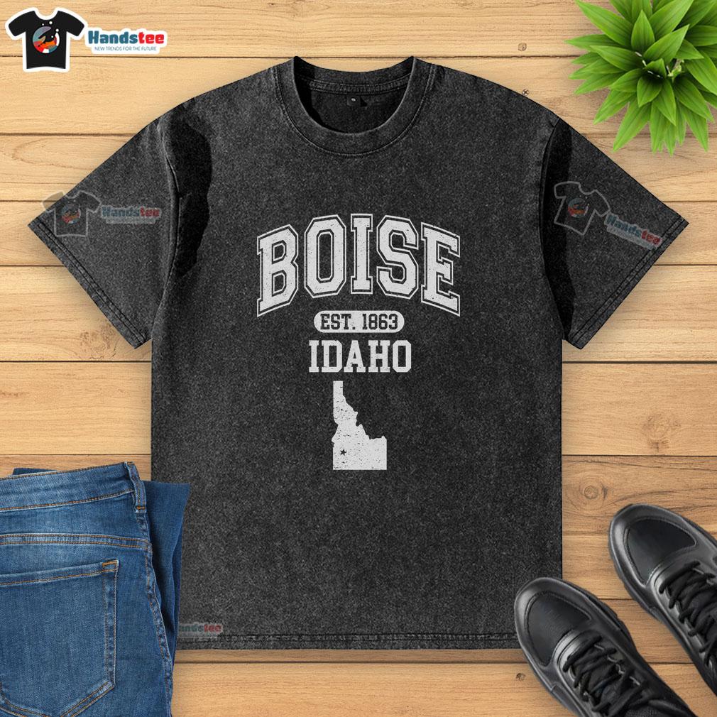 Official Boise Idaho Est. 1863 Varsity Washed T-Shirt featuring a vintage design and comfortable fit for casual wear.