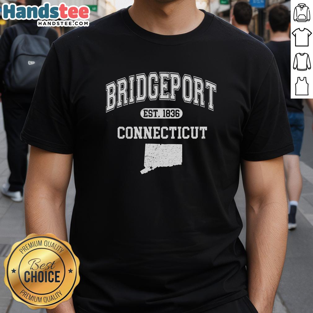 Alt Text: Official Bridgeport Connecticut Est. 1836 Varsity T-Shirt featuring a classic design and vibrant colors for local pride.