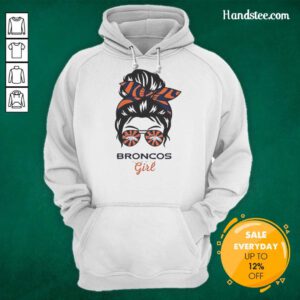 Denver Broncos girl in a messy bun and glasses wearing an official hoodie, showing team spirit and style.