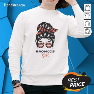 Official Denver Broncos Girl in messy bun and glasses wearing a cozy sweatshirt, showcasing team spirit and style.