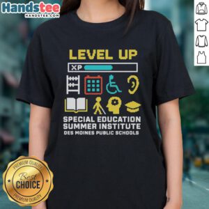 Alt Text: Official Level Up Special Education Summer Institute t-shirt for ladies from Des Moines Public Schools, featuring vibrant design.
