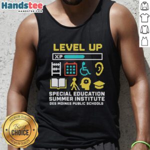 Official Level Up Special Education Summer Institute tank top from Des Moines Public Schools featuring vibrant design.