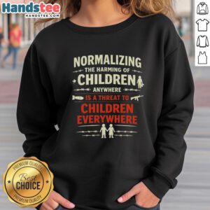 Official sweatshirt reading 'Normalizing the harming of children anywhere is a threat to children everywhere' for awareness.