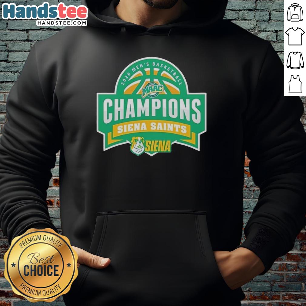 Official Siena Saints 2026 Men's Basketball Champions Hoodie in green, featuring logo and celebratory design.