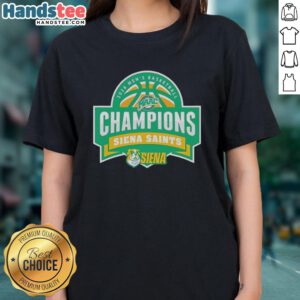 Alt Text: Official Siena Saints 2026 Men's Basketball Champions ladies tee featuring team colors and logo. Perfect for fans!