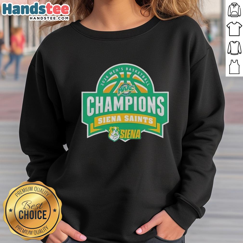 Official Siena Saints 2026 Men's Basketball Champions Sweatshirt showcasing team colors and logo, perfect for fans.