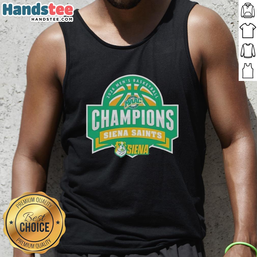 Official Siena Saints 2026 Men's Basketball Champions tank top featuring team colors and logo for fans and sports enthusiasts.