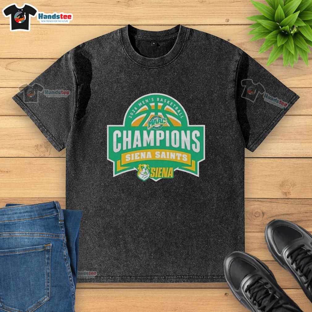 Official Siena Saints 2026 Men's Basketball Champions washed t-shirt featuring team logo and celebratory design.