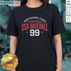 Original World Baseball Classic Captain America USA Baseball 99 Ladies Tee showcasing a stylish design for fans.