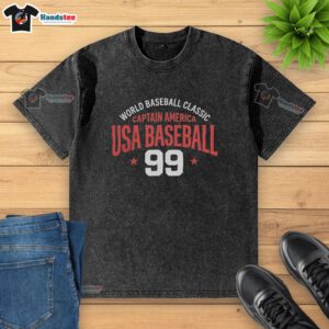 Original World Baseball Classic Captain America USA Baseball 99 washed t-shirt displayed on a neutral background.