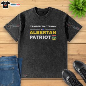 Alt Text: Premium Alberta Patriot Traitor to Ottawa washed t-shirt featuring a stylish design for casual wear.