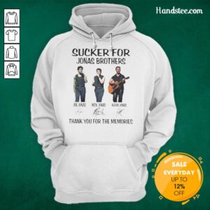 Premium Joe Jonas, Nick Jonas, Kevin Jonas 'Sucker For Jonas Brothers' Signature Hoodie displayed on a hanger.