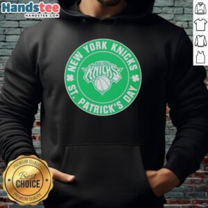 Alt Text: Premium New York Knicks St. Patrick's Day shamrock green hoodie featuring team logo and festive design.