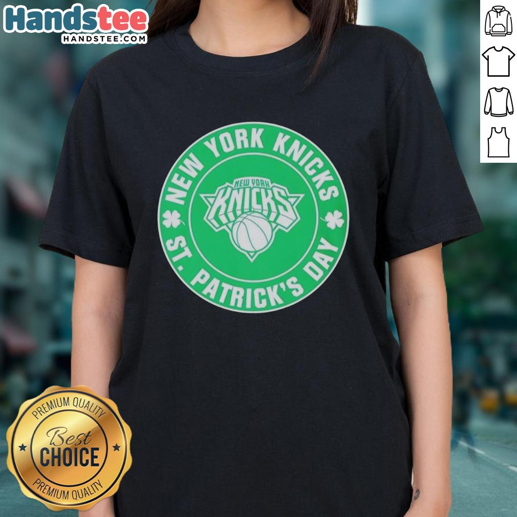 Alt Text: Premium New York Knicks St. Patrick's Day shamrock green ladies tee showcasing team spirit and festive style.