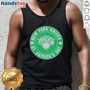 Premium New York Knicks St. Patrick's Day shamrock green tank top featuring team logo and festive design.