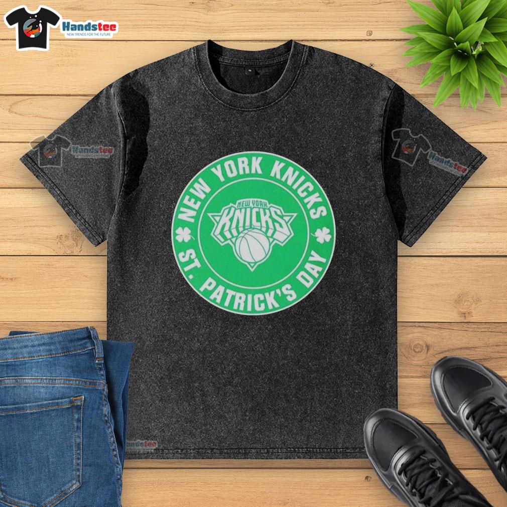 Premium New York Knicks St. Patrick's Day shamrock green washed t-shirt featuring team logo and festive design.