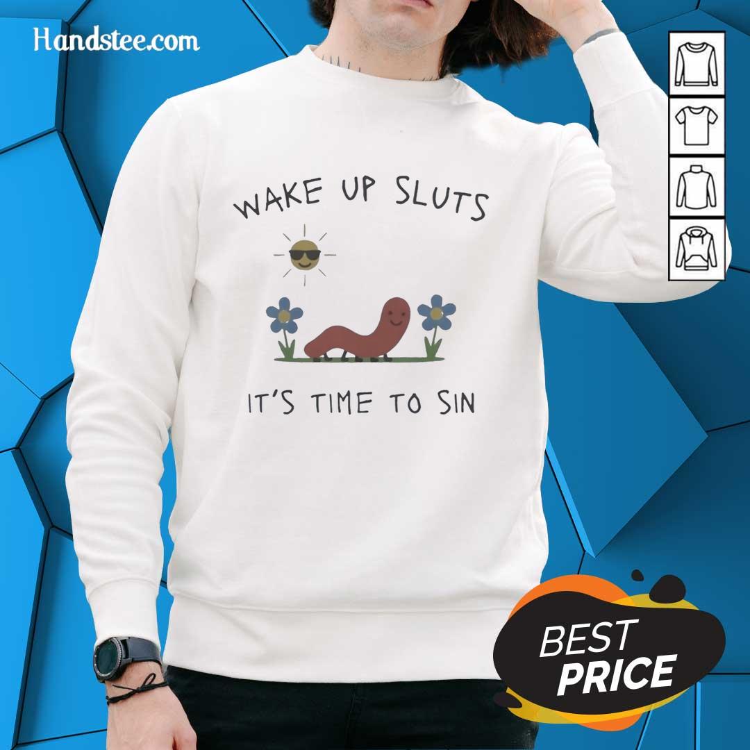 Premium Nicolas Vansteenberghe 'Wake Up Sluts It's Time To Sin' sweatshirt, stylish and bold graphic design for casual wear.