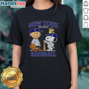 Good Charlie Brown, Snoopy, and Woodstock in New York Yankees baseball jersey, Est. 1901, on a ladies tee.