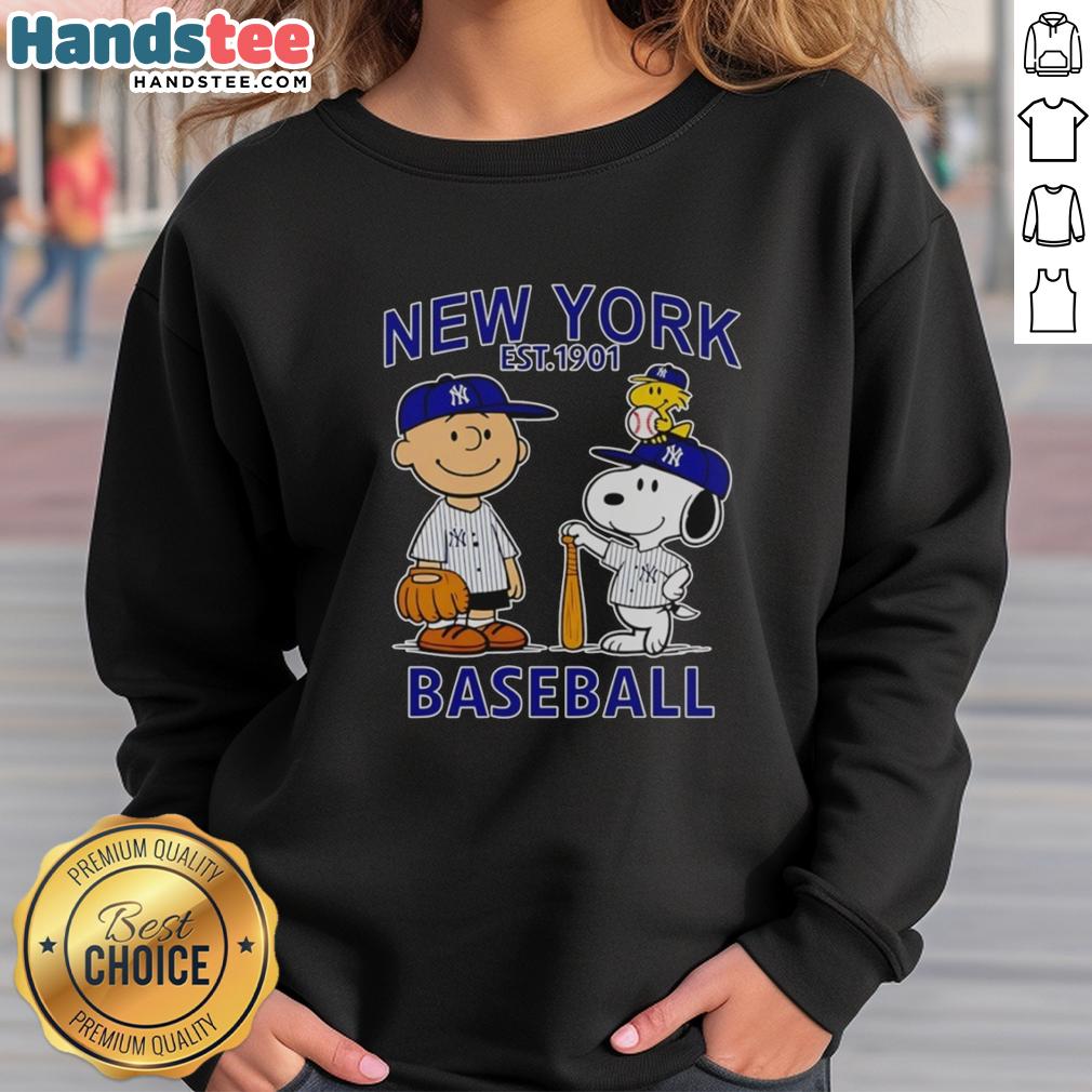 Alt Text: Good Charlie Brown, Snoopy, and Woodstock in New York Yankees baseball jersey sweatshirt, est. 1901.