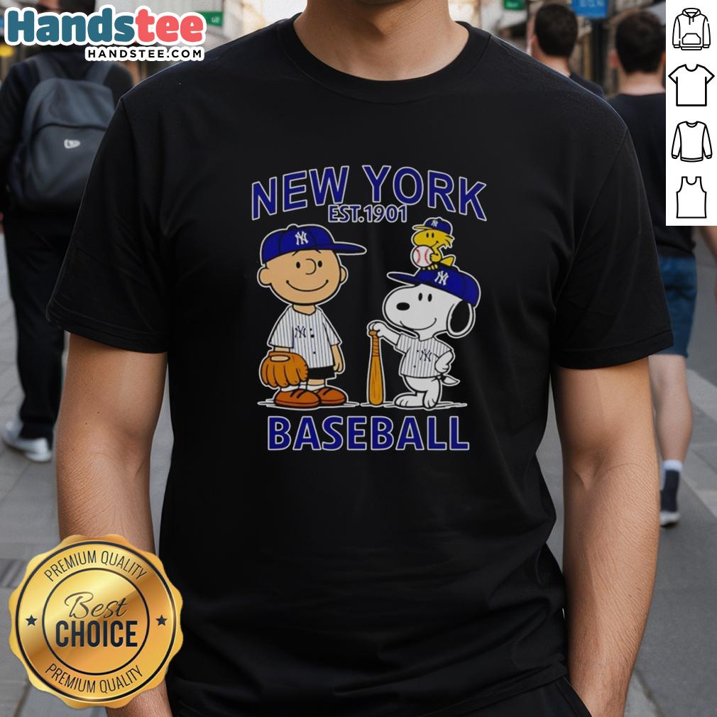 Alt Text: Good Charlie Brown, Snoopy, and Woodstock wearing a New York Yankees baseball jersey t-shirt established 1901.