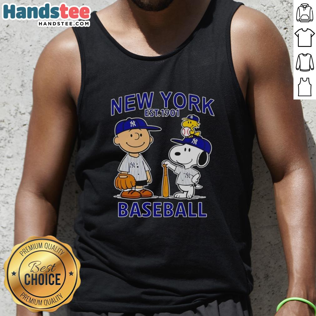 Alt Text: Charlie Brown, Snoopy, and Woodstock wearing a New York Yankees baseball jersey tank top, Est. 1901.