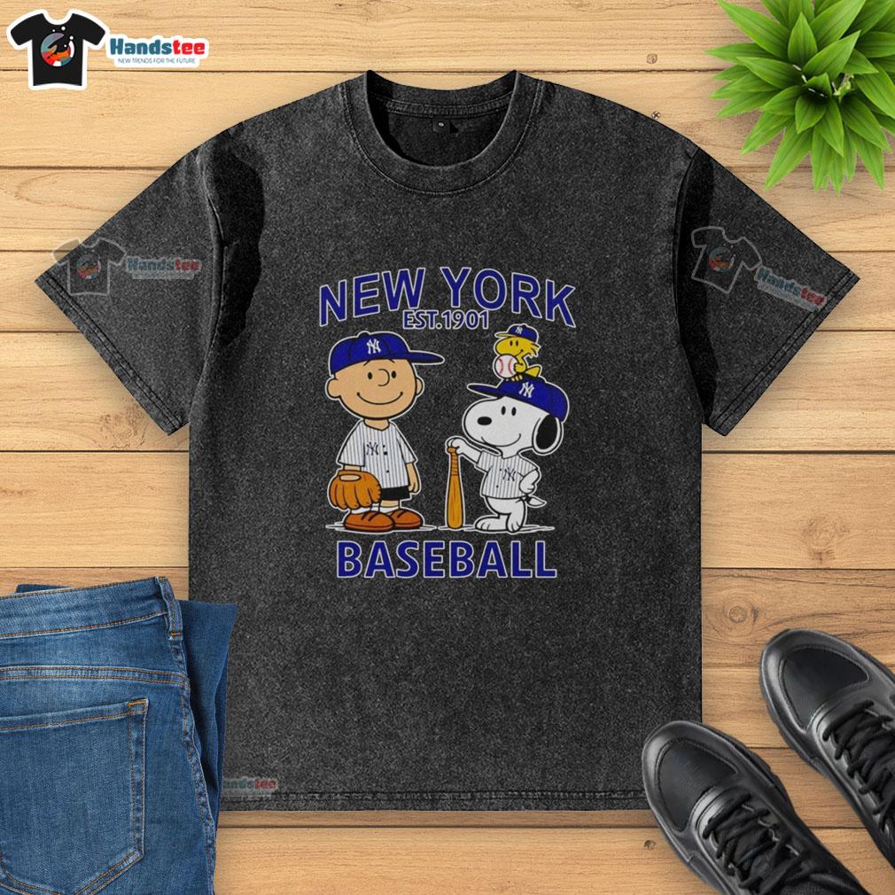 Good Charlie Brown, Snoopy, and Woodstock wearing New York Yankees baseball jersey on a washed T-shirt.