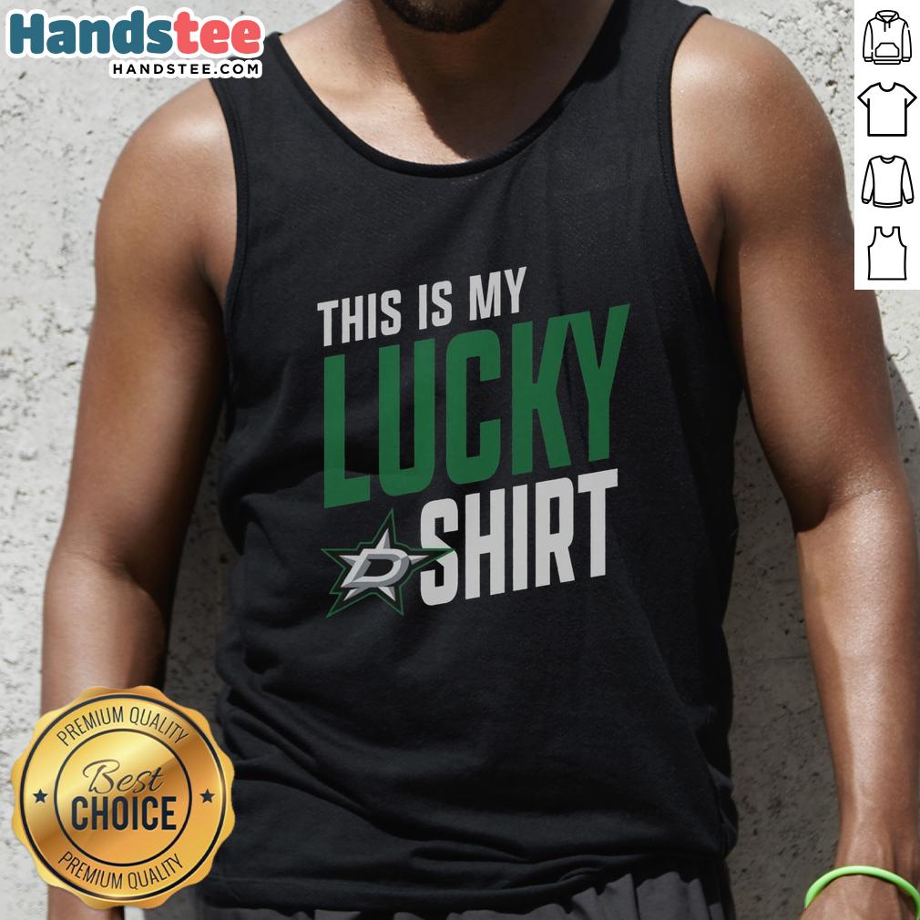 Person wearing a 'This Is My Lucky Tank Top' at a Dallas Stars game, showcasing team spirit and style.